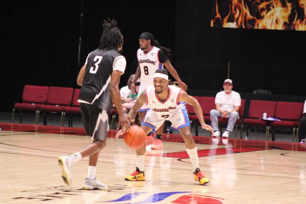 Ricky Artis II, a forward on the Potawatomi Fire, has a unique way of playing defense - with a smile - against the Wichita Skykings in the second game of the Central Conference Semifinals, June 1 at FireLake Arena. Artis “tied the Fire record for most field goals without a miss (8-8),” according to potawatomifire.com. Countywide &amp; Sun/Natasha Dunagan