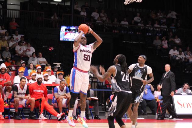 Paul Harrison aims and sinks it as his teammates, coach and fans of the Potawatomi Fire watch during the second game of the Central Conference Semifinals against the Wichita Skykings, June 1 at FireLake Arena. The Fire continues their winning streak of 20 games in the regular season and both games in the Semifinals. They will play in the Finals, possibly beginning today (June 6). Countywide &amp; Sun/Natasha Dunagan