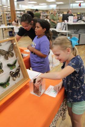 Jaycee Pryor, 8, of Shawnee, touches a Pepper Cockroach at OSU's Insect Adventure during Bugfest at Shawnee's Public Library on June 1. The entomology display featured 12 sets of bug collections and about 25 live insects and arachnids. In addition, Bugfest offered a honey tasting, story time, and crafts. Countywide &amp; Sun/Natasha Dunagan