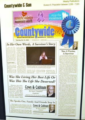 Countywide &amp; Sun Owner &amp; Publisher Suzie Campbell took first place in the Division 6 Community Leadership series for Domestic Violence Awareness Month during the 2023 OPA Better Newspaper Contest on June 8. Countywide &amp; Sun/Natasha Dunagan