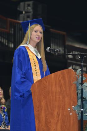 Marlee Affentranger, spoke to her fellow graduates, friends and family as one of the three Valedictorian speakers at the May 18th Bethel Graduation held at FireLake Arena. Countywide &amp; Sun/Julie Talton
