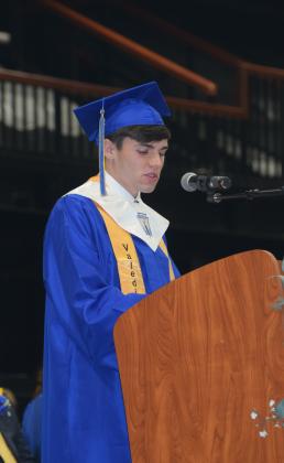 Bethel Valedictorian Luke Drew speaks at graduation.