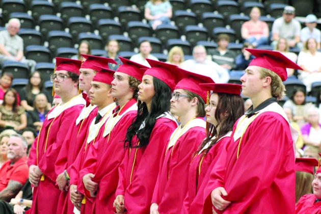 Dale High School recognized 10 valedictorians during graduation on May 13. They are, from left, Emma Collins, hidden; Ethan Lindenbaum, Cade Dickinson, Casen Richardson, Deken Jones, Ethan Douglas, hidden; Karsen Griggs, Carson Wingo, Mackenzi Fair, and Dayton Forsythe. Countywide &amp; Sun/Natasha Dunagan