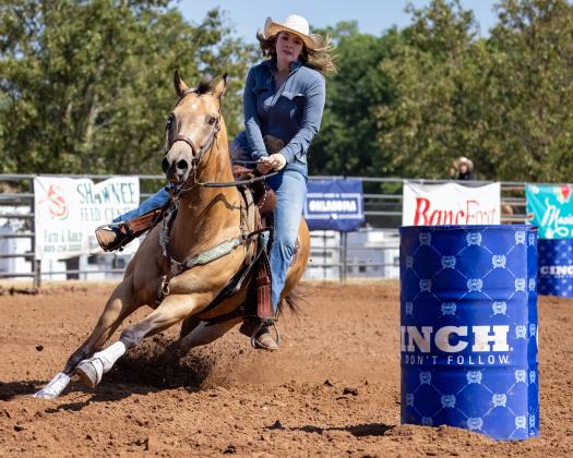 Megyn Alls, of Shawnee, rounds a barrel on her July 10 morning run at the International Finals Youth Rodeo. Photo courtesy of Richelle Treece.
