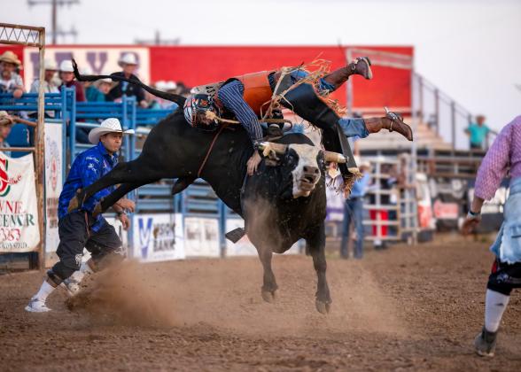 Hayden Averitt, of McLoud, prepares to dismount from a flying bull on July 11 during the International Finals Youth Rodeo. Photo courtesy of Richelle Treece.