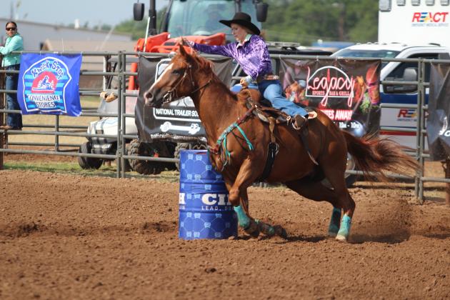Brayle Miller, of McLoud, completes her barrel race in 16.795 seconds on the morning of July 12 at the International Finals Youth Rodeo, held at the Heart of Oklahoma Expo Center. Miller ran after a barrel racing accident involving Jadi Jones, of Dike, TX. Countywide &amp; Sun/Natasha Dunagan