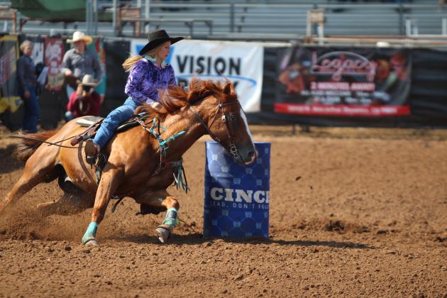 Brayle Miller, of McLoud, completes her barrel race in 16.795 seconds on the morning of July 12 at the International Finals Youth Rodeo, held at the Heart of Oklahoma Expo Center. Miller ran after a barrel racing accident involving Jadi Jones, of Dike, TX. Countywide &amp; Sun/Natasha Dunagan