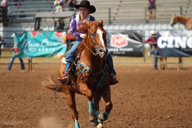 Brayle Miller, of McLoud, completes her barrel race in 16.795 seconds on the morning of July 12 at the International Finals Youth Rodeo, held at the Heart of Oklahoma Expo Center. Miller ran after a barrel racing accident involving Jadi Jones, of Dike, TX. Countywide &amp; Sun/Natasha Dunagan