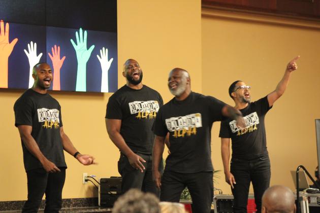 The Beta Eta Lambda/Alpha Phi Alpha Stomp Show performs at the Juneteenth Reception, held at the Grand Casino Hotel and Resort on June 21. Other musical acts at the event included Cletis Lowe, Anice Young, and the trio of Barbara Cooks, Galian Murphy and Willie Huffman. Countywide &amp; Sun/Natasha Dunagan