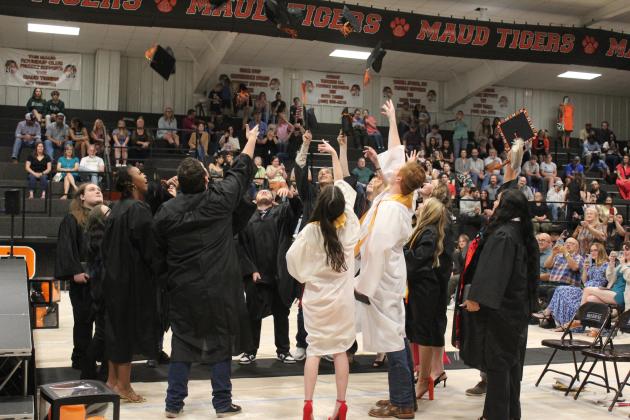 The Maud Class of 2024 tosses their caps at graduation on May 17. They included 17 graduates. Countywide &amp; Sun/Natasha Dunagan
