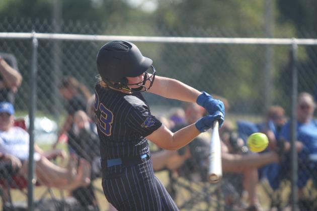 Bethel freshman Lilly Ingmire makes contact with the ball at the Bethel home game against Maud on Aug. 12. The Lady Wildcats won by run rule, 12-0. Countywide &amp; Sun/Natasha Dunagan
