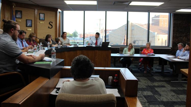 Shawnee Superintendent Dr. Aaron Espolt speaks to the Shawnee Board of Education at the Aug. 5 meeting. The board room was recently remodeled and the windows replaced. Countywide &amp; Sun/Natasha Dunagan