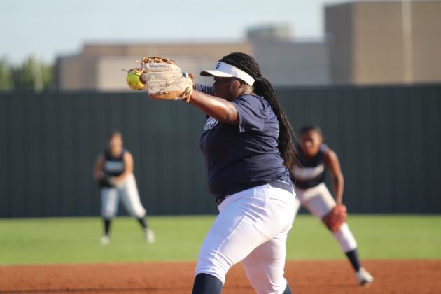 Shawnee's Destini Richards aims her pitch during the first home game with Durant on Aug. 13. The Lady Wolves lost, 0-19, but they have won their two most recent games on Aug. 20 and 26. Their next game is at home against Mount St. Mary on Aug. 30 at 4 pm. Countywide &amp; Sun/Natasha Dunagan