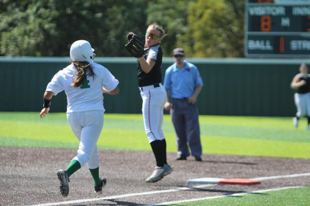 Earlsboro freshman Peighton Worley makes the catch as a Varnum player runs to first during the third inning of the Aug. 17 Varnum game. The Lady Wildcats won against Varnum, 8-4, at the Little River Conference Fast-Pitch Tournament. On Aug. 15, they beat Paden, 13-1, and lost to Strother, 2-9. They won over Sasakwa, 16-1, on Aug. 16, and they lost to Macomb, 3-8, on Aug. 17. Countywide &amp; Sun/Natasha Dunagan
