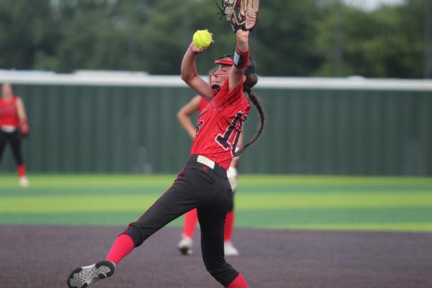 Macomb senior Brenna Beauchamp aims for the catcher's mitt in the third inning of the Aug. 16 game against New Lima. During the Little River Conference Fast-Pitch Tournament at FireLake Ball Fields, the Lady Hornets beat New Lima, 8-2. On Aug. 17, they won against Earlsboro, 8-3; lost to Moss, 2-12; won with Mason, 13-5, and Strother, 7-6 in overtime; and finally fell in a second game with Moss, 0-10. They took runner-up in the tournament. Countywide &amp; Sun/Natasha Dunagan