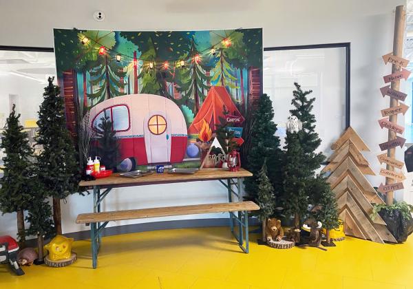 The entryway at Tecumseh Early Childhood Center has been transformed into a camper's dream.  This set up is sure to make first day of school photos extra adorable.  Countywide &amp; Sun/Julie Talton