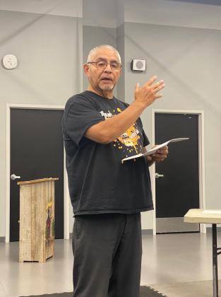 Victor Cope explains to the school board that Tecumseh was a Warrior, not a Savage and urged the board to consider making the name change to reflect this.  Countywide &amp; Sun/Julie Talton