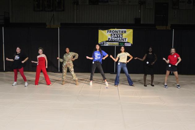 The Miss Frontier Days contestants dance during the pageant on Sept. 22.  They are, from left, Trinity Rakestraw, Jennifer Taylor, Marissa Johnson, Jalee Meyers, Camryn Wood, T.T. Akano and Addison Taron. The crowning for Miss Frontier Days will be held on Sept. 28 at 9:30 am in front of Tecumseh City Hall. Countywide &amp; Sun/Natasha Dunagan
