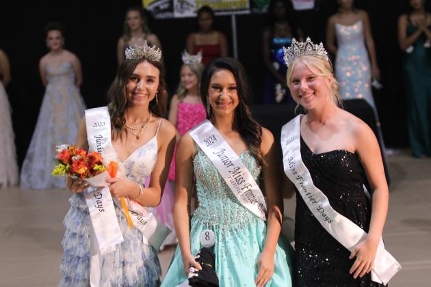 2023 Junior Miss Frontier Days Kensley Whittington, 2024 Junior Miss Frontier Days Runner-Up Madison Gifford and 2023 Miss Frontier Days Aleigha McCullough pose.