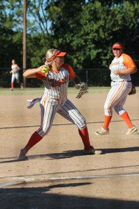 Maud Pitcher Abby Bull runs to home, scoops up a dropped ball and throws to first during the Sept. 16 home game with Mill Creek. The Lady Tigers won, 9-6. Countywide &amp; Sun/Natasha Dunagan