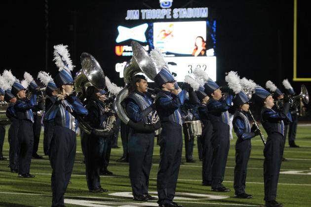 The Pride of the Pack performs during halftime of the first Shawnee home football game, Sept. 13, when they returned to Jim Thorpe Stadium. In the background is the new digital scoreboard. Countywide &amp; Sun/Natasha Dunagan