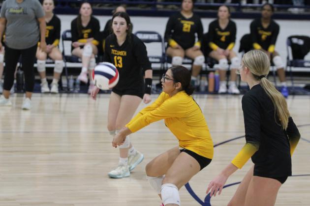Tecumseh libero Kayloni Cruz keeps the ball in play during the Sept. 17 game at Shawnee High School. The Lady Savages beat the Lady Wolves, 3-0: 25-21, 25-18, and 25-22. Countywide &amp; Sun/Natasha Dunagan