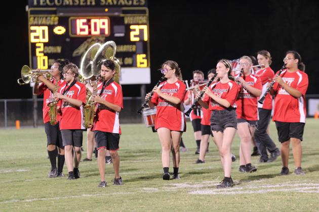 The McLoud Redskin Regiment Marching Band performs at halftime of the Tecumseh homecoming game on Sept. 20. Countywide &amp; Sun/Natasha Dunagan