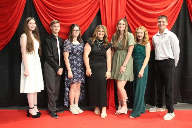 The Pottawatomie County 4-H Club Officer Team for 2024-25 will be, from left, Member at Large Victoria Nelms, Member at Large Mason Luka, Reporter Grace Hobbs, President Poppy Robinson, Vice President Megyn Alls, Secretary Kimberly Holland and Recreation Leader Gabe Hobbs. The new team was announced during the Awards Banquet, held at North Rock Creek High School on Oct. 21. Countywide &amp; Sun/Natasha Dunagan