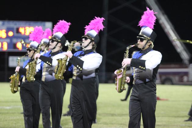 Saxophonists in the Pride of Bethel Marching Band perform songs from "The Blues Brothers" while wearing sunglasses at halftime of the Bethel home football game on Oct. 4. Countywide &amp; Sun/Natasha Dunagan