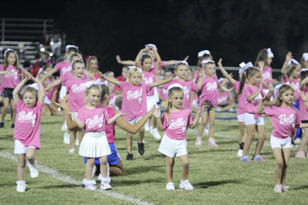 Pre-K through second-grade girls who participated in the Bethel Cheer Clinic dance to "Pink" from the Barbie soundtrack during halftime of the Oct. 4 home game. Led by the Bethel High School Cheerleaders, there was also a second performance by the third- through fifth-grade group. Countywide &amp; Sun/Natasha Dunagan