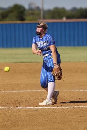 Bethel freshman Lilly Ingmire slings the ball toward home in the Oct. 4 home game with Luther during the Class 3A OSSAA Fast-Pitch Regionals. The Lady Wildcats won that game, 10-2, as well as the Oct. 3 regional game against Lexington, which was 19-2. They will compete in the super regionals today (Oct. 10) in Silo at noon and 2 pm, with the "if necessary" game on Oct. 11 at noon. Countywide &amp; Sun/Natasha Dunagan