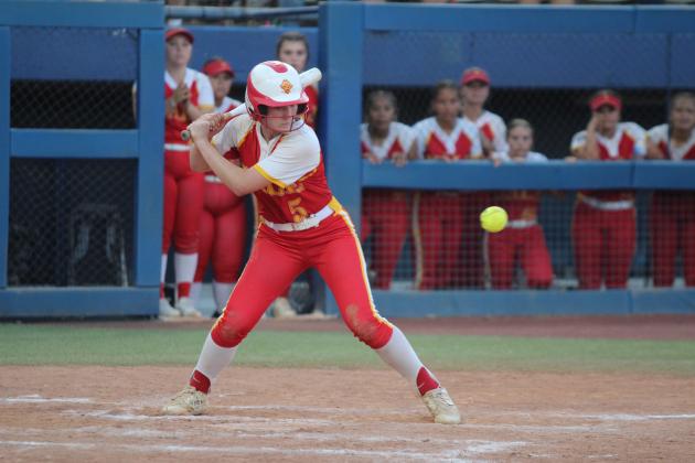 Dale's Teague Muncey prepares to hit a single in the bottom of the seventh inning  of the OSSAA Class 2A Fast-Pitch Softball State Championship against Pocola, held at Devon Park (formerly USA Softball Hall of Fame Stadium) on Oct. 12. Muncey's single would bring in one run batted in, which won the game for the Lady Pirates. Countywide &amp; Sun/Natasha Dunagan