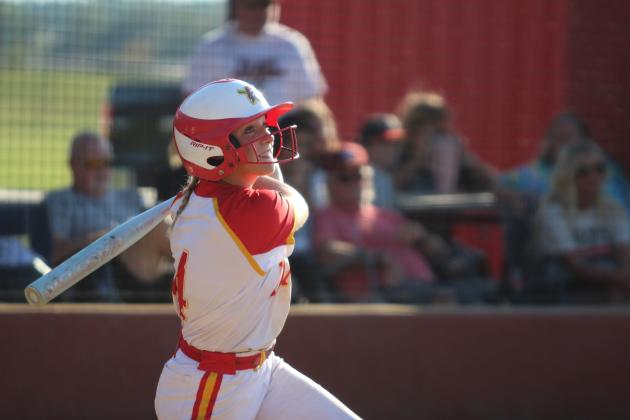 Dale's Reese Herring hits a double in one of two games with Pawhuska during the Class 2A OSSAA Fast-Pitch Super Regionals on Oct. 3. The Lady Pirates won both games, 16-0 and 16-0. They will begin state tournament competition today (Oct. 10), 1:30 pm, at Devon Park (formerly USA Softball Hall of Fame) in OKC. Should they win that game and the Friday game at 4 pm, the State Championship game will be on Oct. 12 at 5 pm in the same location. Countywide &amp; Sun/Natasha Dunagan