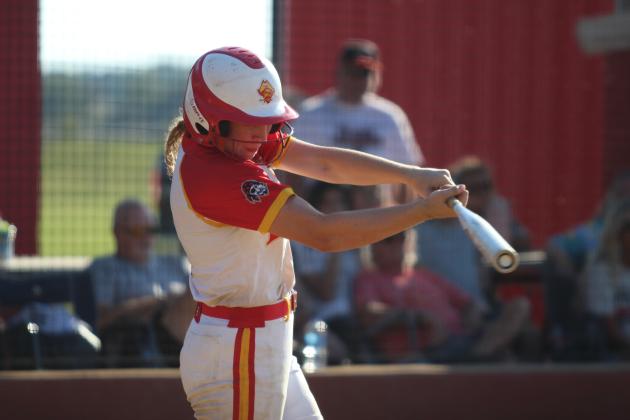 Dale's Teague Muncey smacks a double in one of two games with Pawhuska during the Class 2A OSSAA Fast-Pitch Super Regionals on Oct. 3. The Lady Pirates won both games, 16-0 and 16-0. They will begin state tournament competition today (Oct. 10), 1:30 pm, at Devon Park (formerly USA Softball Hall of Fame) in OKC. Should they win that game and the Friday game at 4 pm, the State Championship game will be on Oct. 12 at 5 pm in the same location. Countywide &amp; Sun/Natasha Dunagan