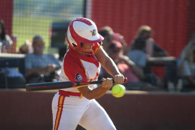 Dale's Kaylyn Solis prepares for a hit in one of two games with Pawhuska during the Class 2A OSSAA Fast-Pitch Super Regionals on Oct. 3. The Lady Pirates won both games, 16-0 and 16-0. They will begin state tournament competition today (Oct. 10), 1:30 pm, at Devon Park (formerly USA Softball Hall of Fame) in OKC. Should they win that game and the Friday game at 4 pm, the State Championship game will be on Oct. 12 at 5 pm in the same location. Countywide &amp; Sun/Natasha Dunagan