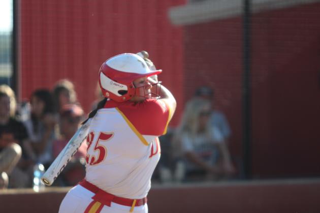 Dale's Kelbey Welcher hits a double in one of two games with Pawhuska during the Class 2A OSSAA Fast-Pitch Super Regionals on Oct. 3. The Lady Pirates won both games, 16-0 and 16-0. They will begin state tournament competition today (Oct. 10), 1:30 pm, at Devon Park (formerly USA Softball Hall of Fame) in OKC. Should they win that game and the Friday game at 4 pm, the State Championship game will be on Oct. 12 at 5 pm in the same location. Countywide &amp; Sun/Natasha Dunagan