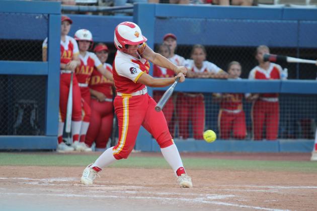 Dale's Kaylyn Solis hits a single in the seventh inning of the OSSAA Class 2A Fast-Pitch Softball State Championship against Pocola, held at Devon Park (formerly USA Softball Hall of Fame Stadium) on Oct. 12. The Lady Pirates topped Howe, 10-0, on Oct. 10, and beat Oktaha, 2-0, on Oct. 11, before narrowly claiming victory with Pocola, 1-0. The score was 0-0 until the bottom of the seventh inning when Dale finally got one across home plate. Their record this season is 42-1. Countywide &amp; Sun/Natasha Dunagan
