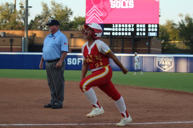 Dale's Kaylyn Solis shows her excitement after hitting a single in the seventh inning of the OSSAA Class 2A Fast-Pitch Softball State Championship against Pocola, held at Devon Park (formerly USA Softball Hall of Fame Stadium) on Oct. 12. The Lady Pirates topped Howe, 10-0, on Oct. 10, and beat Oktaha, 2-0, on Oct. 11, before narrowly claiming victory with Pocola, 1-0. The score was 0-0 until the bottom of the seventh inning when Dale finally got one across home plate. Their record this season is 42-1.