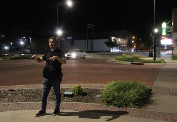 Oklahoma City Community College English Professor Jeff Provine leads the Haunted Downtown Shawnee tour for about 25 people on Oct. 11. The Ritz Theater is said to be haunted by the ghost of Leo Montgomery, who ran the projector for decades. The Community Matters event was hosted by the Shawnee Public Library. Provine is also the author of "Haunted Shawnee OK," and he held a book signing at The Arts at 317 earlier that day. Countywide &amp; Sun/Natasha Dunagan