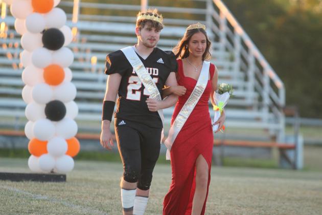 Maud High School junior Homecoming Prince Crew Peters and freshman Princess Bridgett Arms participate in the Fall Homecoming ceremony before the home game on Oct. 17. Maud seniors Bowdee Brooks and Jaycee Pack were crowned King and Queen. Maud also held a Homecoming Parade earlier that day. Countywide &amp; Sun/Natasha Dunagan