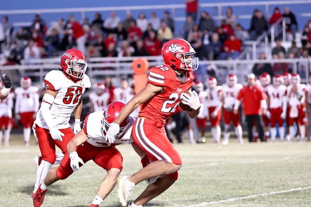 North Rock Creek's Caleb Hawkins rushes past the Purcell defense on his way to his first touchdown. NRC won, 42-21, on Oct. 18. Photo courtesy of Gowin Photography