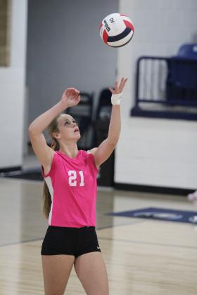Shawnee's Josie Megehee serves during the home volleyball match with Guthrie on Pink Out Night, Oct. 1. The Lady Wolves won all three games: 25-13, 25-10, and 25-7. Countywide &amp; Sun/Natasha Dunagan