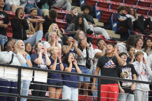 The Shawnee High School Senior Section chants a response to the Mount St. Mary fans during the OSSAA Class 5A Volleyball State Tournament quarterfinals, held at Moore High School on Oct. 24. Countywide &amp; Sun/Natasha Dunagan