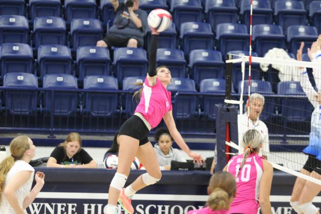 Shawnee's Jordan Tash makes an attack during the home volleyball match with Guthrie on Pink Out Night, Oct. 1. The Lady Wolves won all three games: 25-13, 25-10, and 25-7. Countywide &amp; Sun/Natasha Dunagan