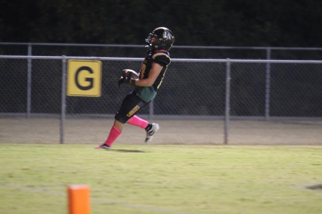 Tecumseh senior Zant Shirey puts on the brakes in the endzone for a touchdown in the fourth quarter of the district home game with Chickasha on Oct. 25.
