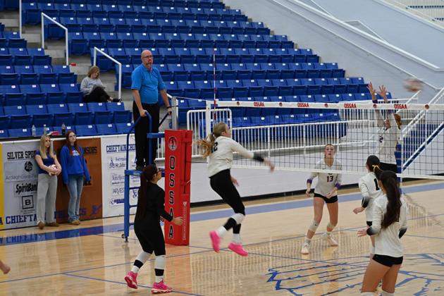 Tecumseh junior Kennadee Mason makes an attack in the OSSAA Class 4A Volleyball State Quarterfinals, which the Lady Savages competed in for the first time in school history. They faced Community Christian School at Sapulpa High School on Oct. 17 and lost, 0-3. Tecumseh ends their season with a record of 22-13. Photo courtesy of Kenetta Lisenbee.