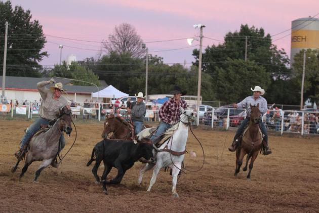 The 3F Cattle Company team tries to rope their steer in the Doctoring event of the Tecumseh Round-Up Club Rodeo on Sept. 28 after the Frontier Days festival. Five other ranches or cattle companies also competed in roping events at the rodeo. Countywide &amp; Sun/Natasha Dunagan