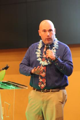 Tecumseh Public Schools Superintendent Robert Kinsey speaks during the Tecumseh Chamber of Commerce Annual Meeting &amp; Awards Banquet about the Pottawatomie County Educational Sales Tax, which will expire in 2026. Countywide &amp; Sun/Natasha Dunagan