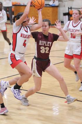 Earlsboro freshman Lilly Gentry drives past a Ripley defender on her way to a jump shot in the fourth quarter of the Nov. 19 home game. The Lady Wildcats lost, 28-45. Countywide &amp; Sun/ Natasha Dunagan