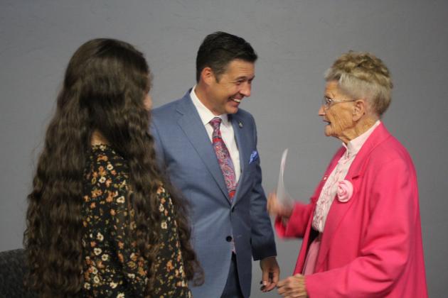 Oklahoma Senator Shane Jett speaks with Pastor Ruby Nell, who used to attend the Tecumseh First Assembly of God and now pastors at two other churches - Cromwell Pentecostal Holiness and Wewoka-Bethel Pentecostal Holiness - and is the mayor of Cromwell.